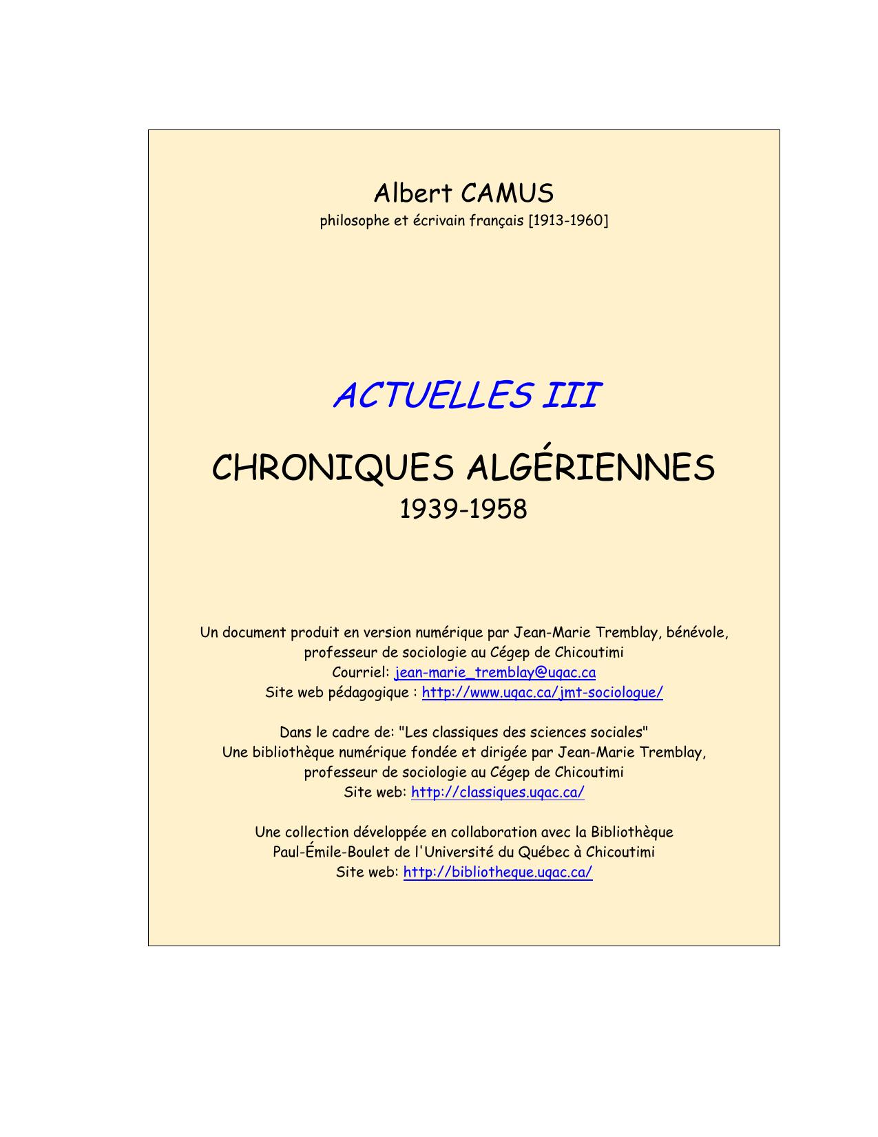 ACTUELLES III. Chroniques algriennes, 1939-1958