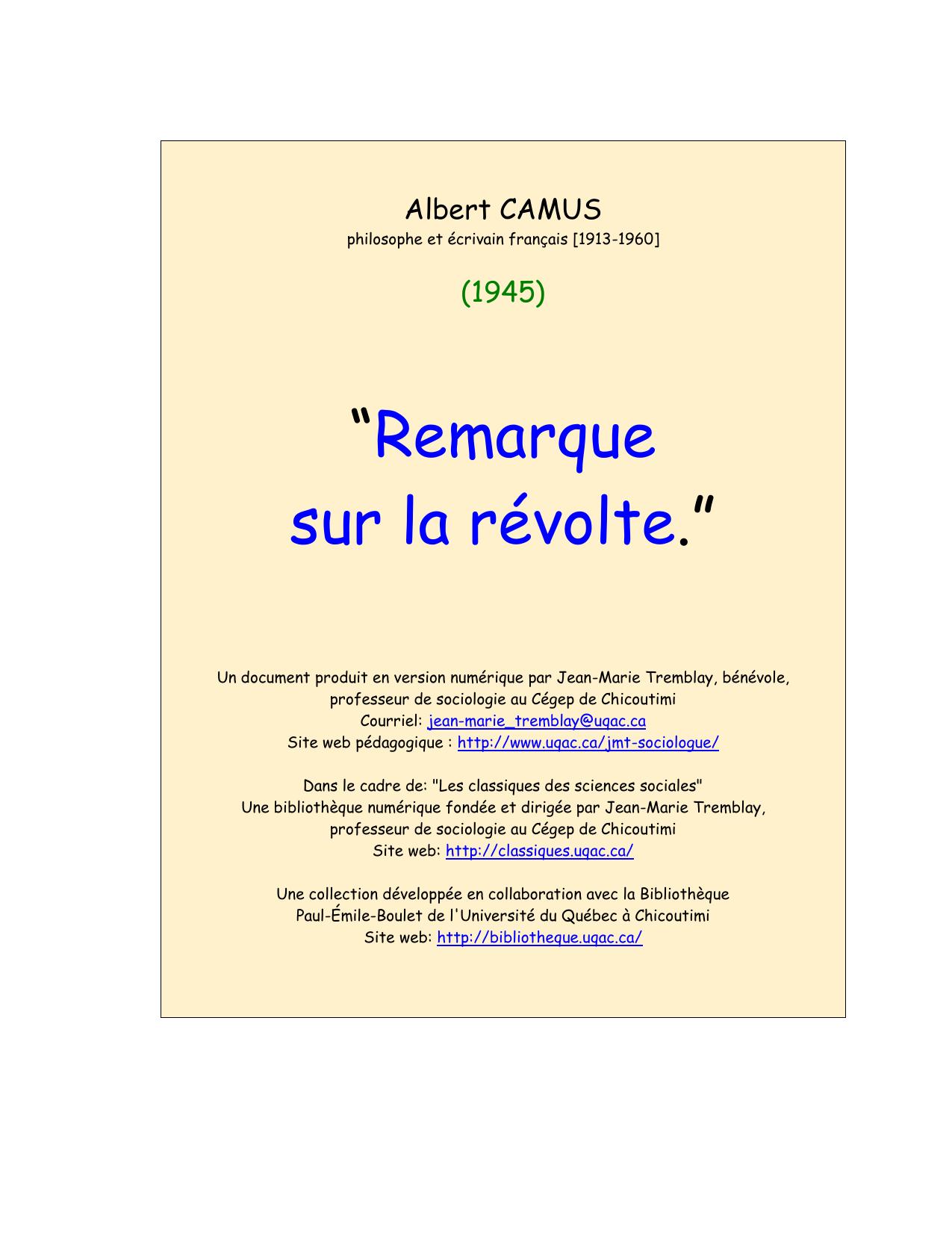 “Remarque sur la révolte.”