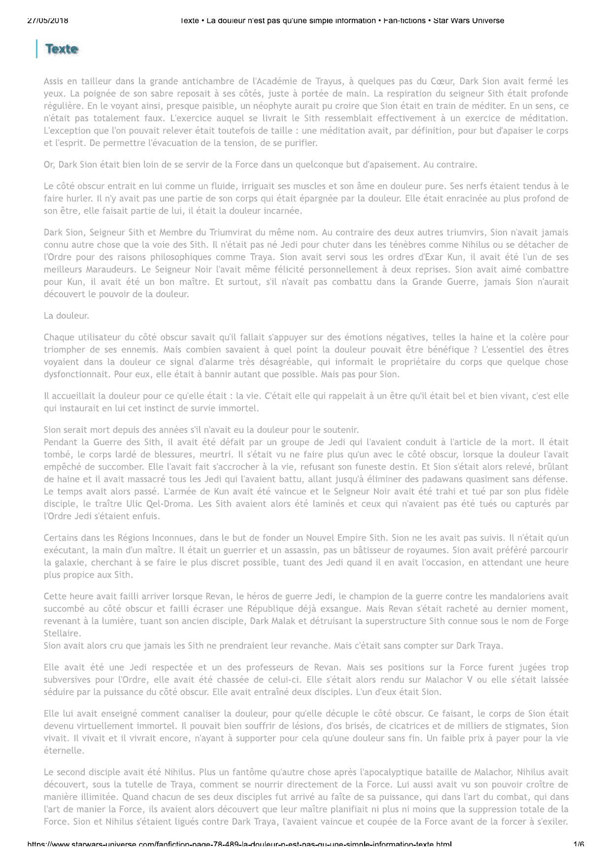 Texte • La douleur n'est pas qu'une sim...on • Fan-fictions • Star Wars Universe