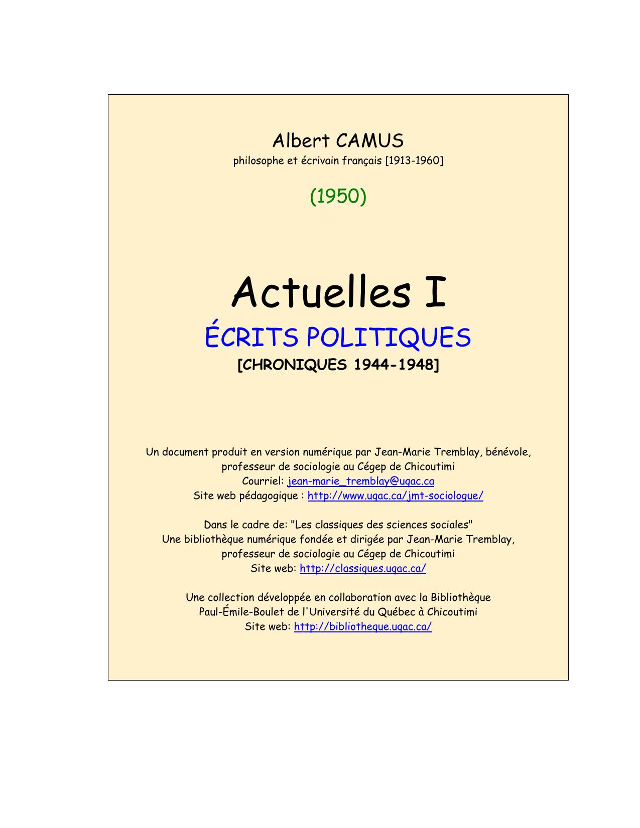 Actuelles I. crits politiques (Chroniques 1944-1948)