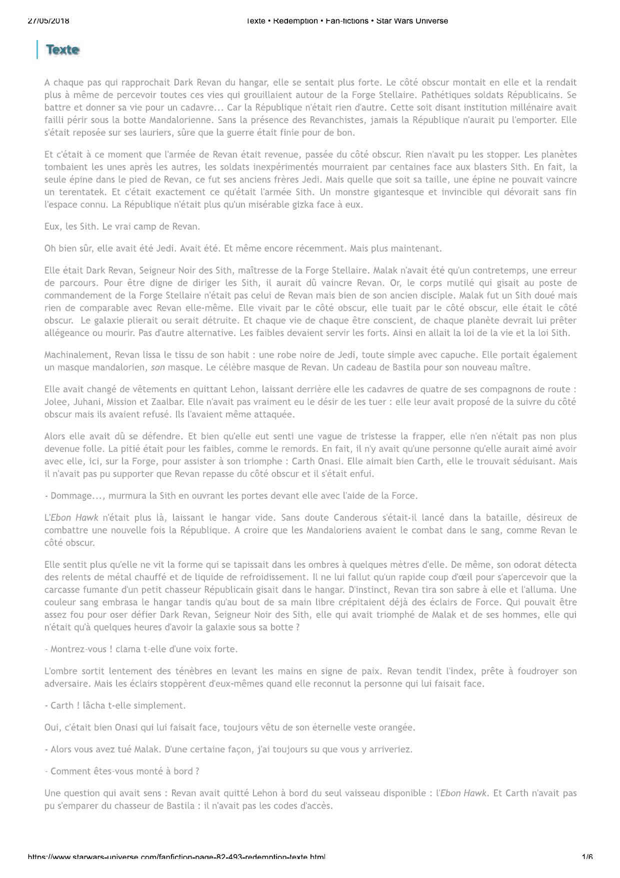 Texte • Rédemption • Fan-fictions • Star Wars Universe