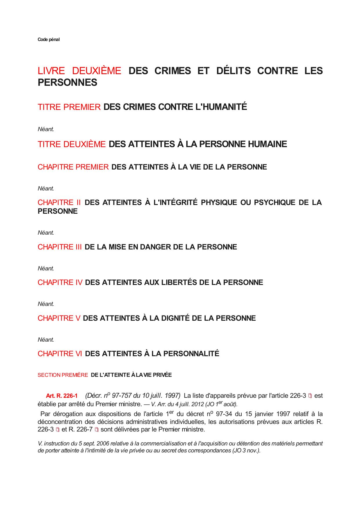 LIVRE DEUXIÈME - DES CRIMES ET DÉLITS CONTRE LES PERSONNES (Art. R. 226-1