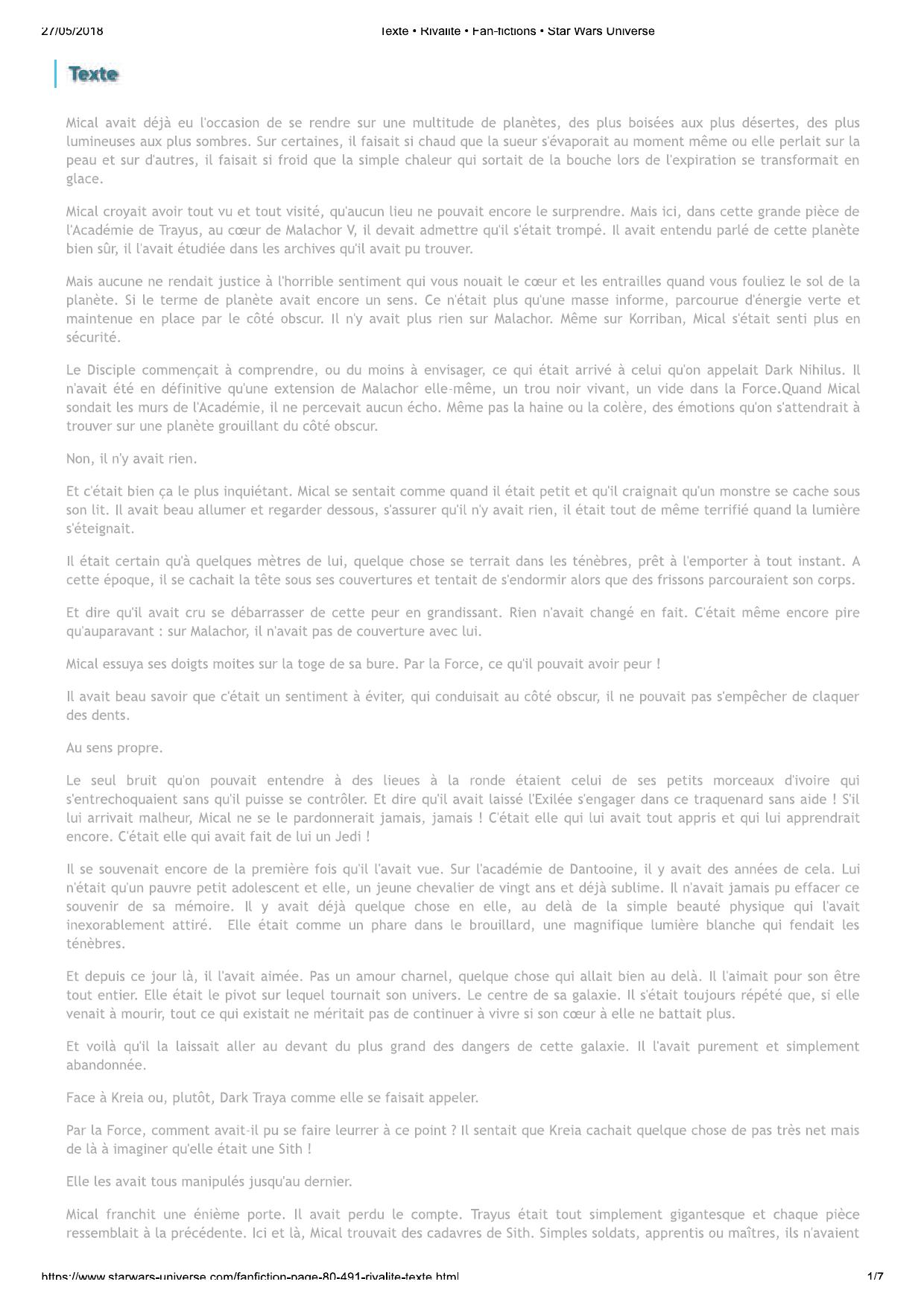 Texte • Rivalité • Fan-fictions • Star Wars Universe
