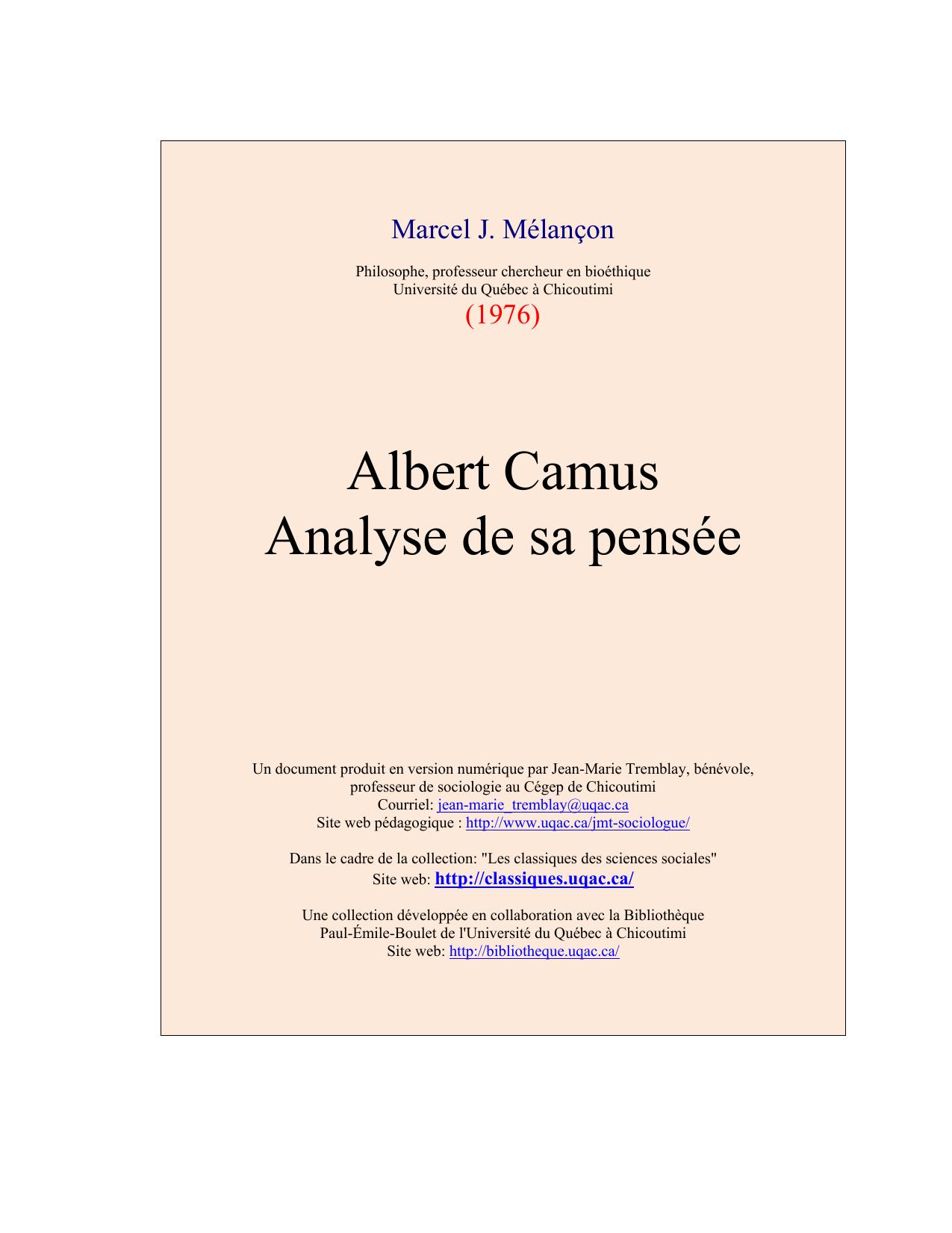 Albert Camus. Analyse de sa pense. 1976