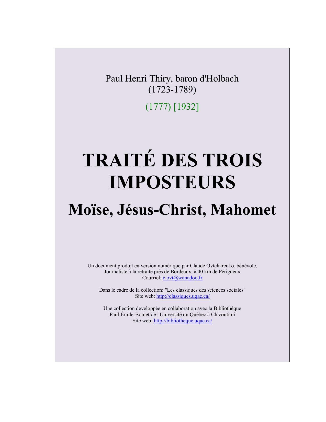 Trait des trois imposteurs. Mose, Jsus-Christ, Mahomet