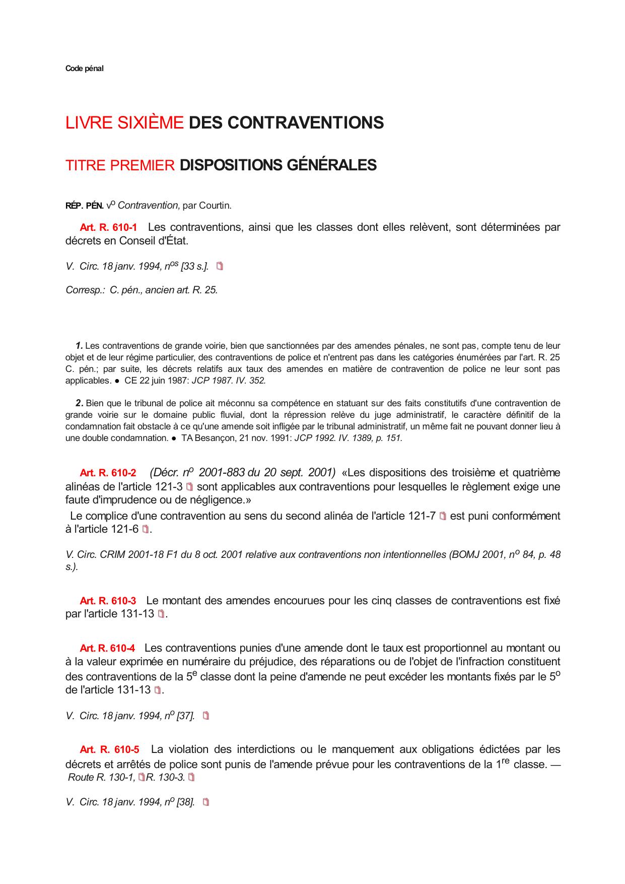 LIVRE SIXIÈME - DES CONTRAVENTIONS (Art. R. 610-1
