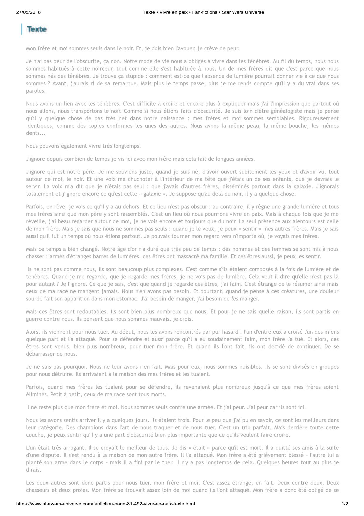 Texte • Vivre en paix • Fan-fictions • Star Wars Universe