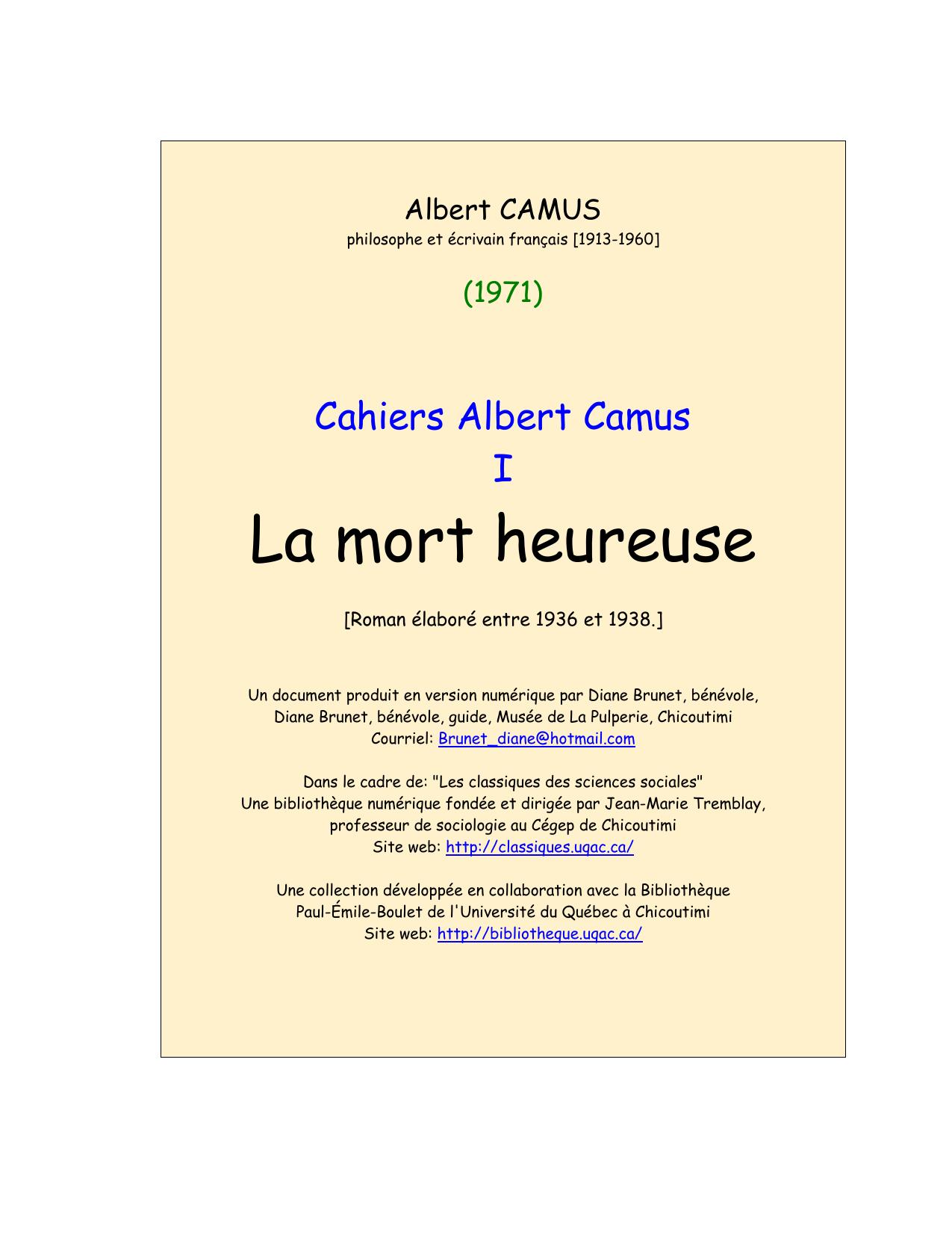 Cahiers Albert Camus I. La mort heureuse.