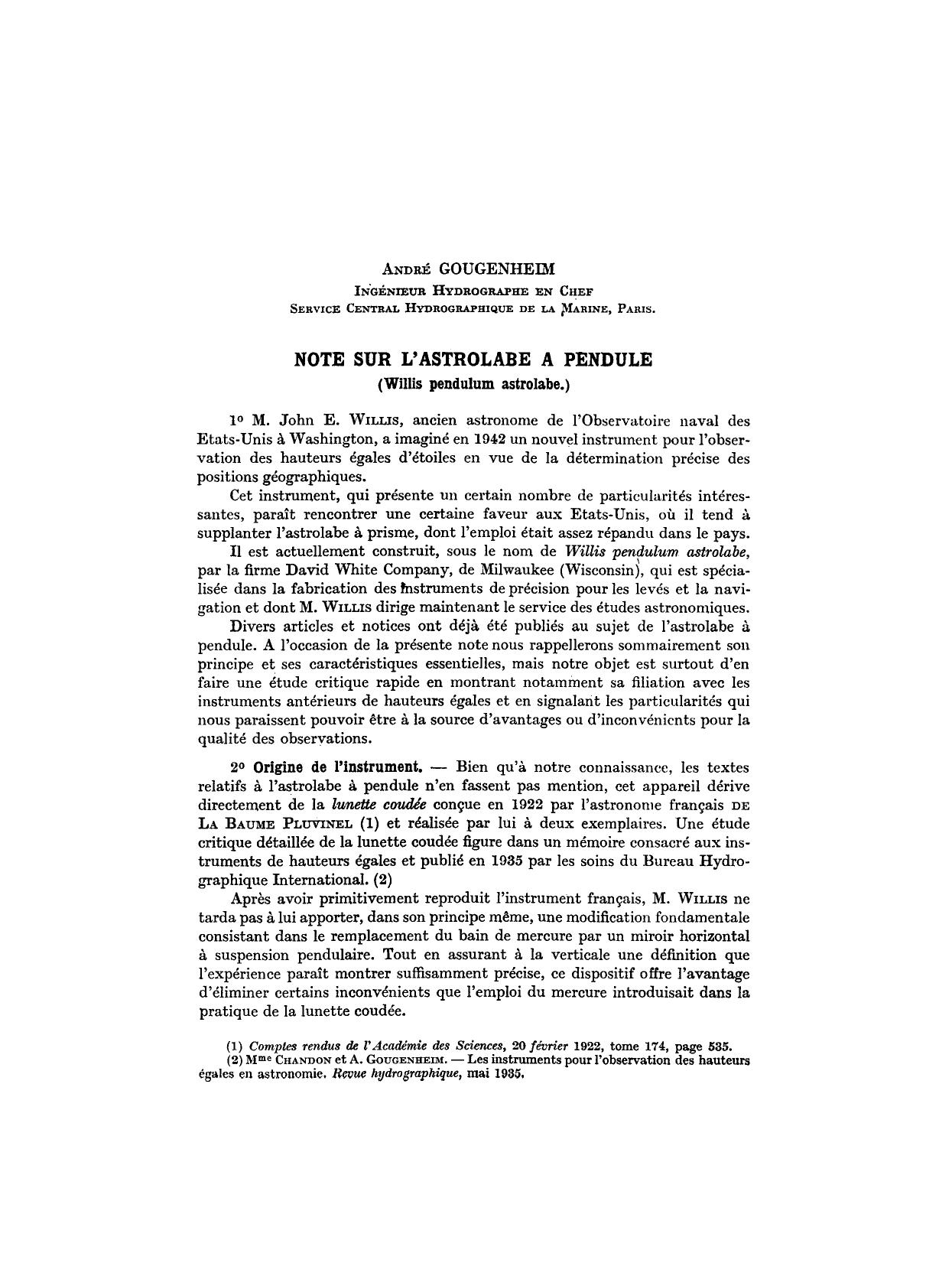 Note sur l"astrolabe a pendule