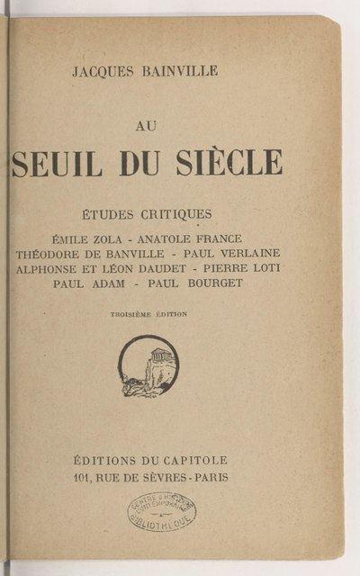 Au Seuil du siècle Études critiques