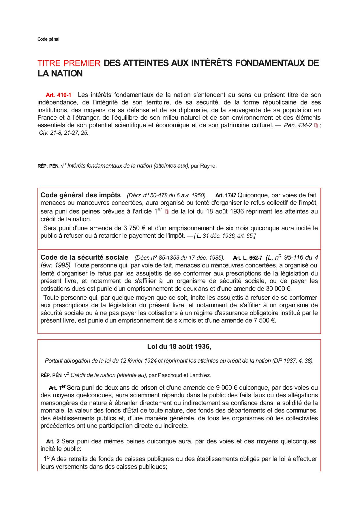LIVRE QUATRIÈME - DES CRIMES ET DÉLITS CONTRE LA NATION, L'ÉTAT ET LA PAIX PUBLIQUE (Art. 410-1
