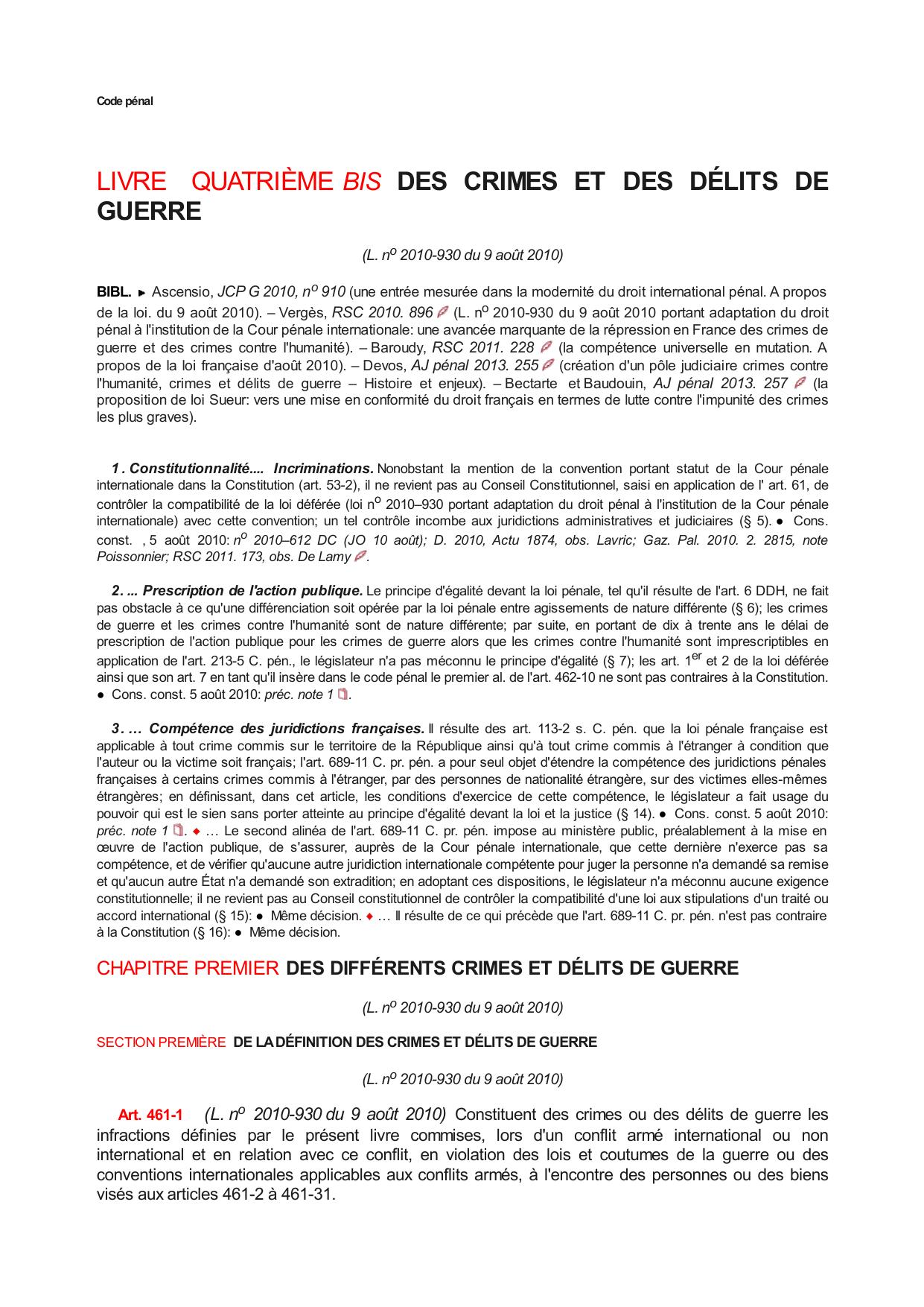 LIVRE QUATRIÈME BIS - DES CRIMES ET DES DÉLITS DE GUERRE (Art. 461-1